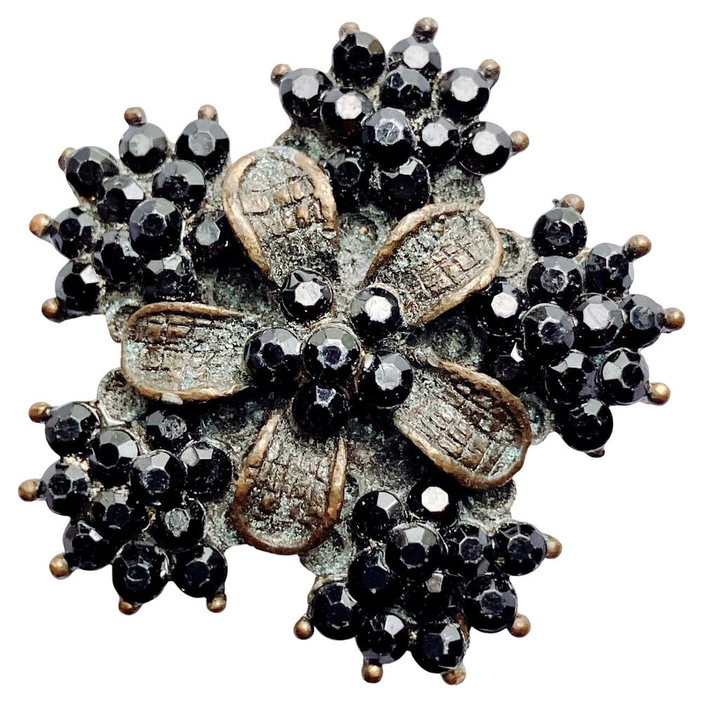 VTG 1950s Brooch Mourning Revival Black Glass Floral Cluster Mid Century Pin